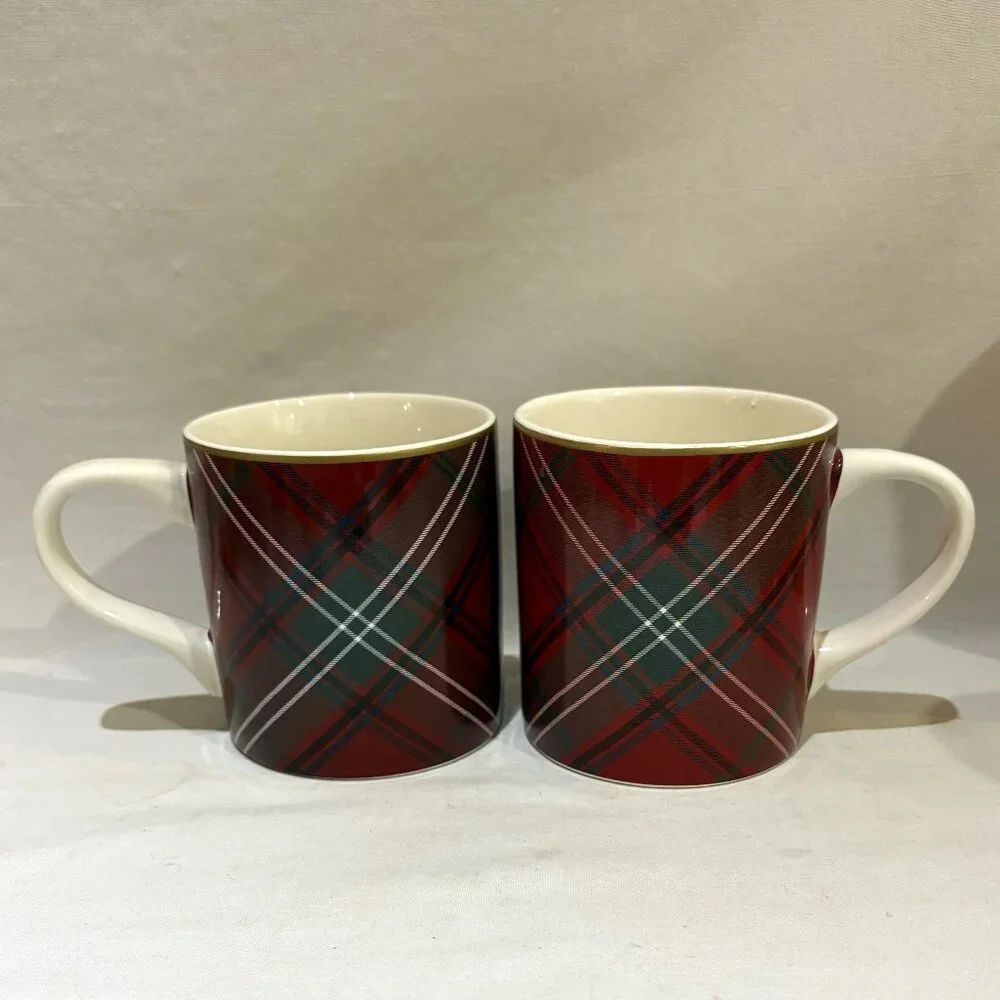 Pair of Willaim Sonoma Scottish Tartan Red Plaid Holiday Coffee Mugs